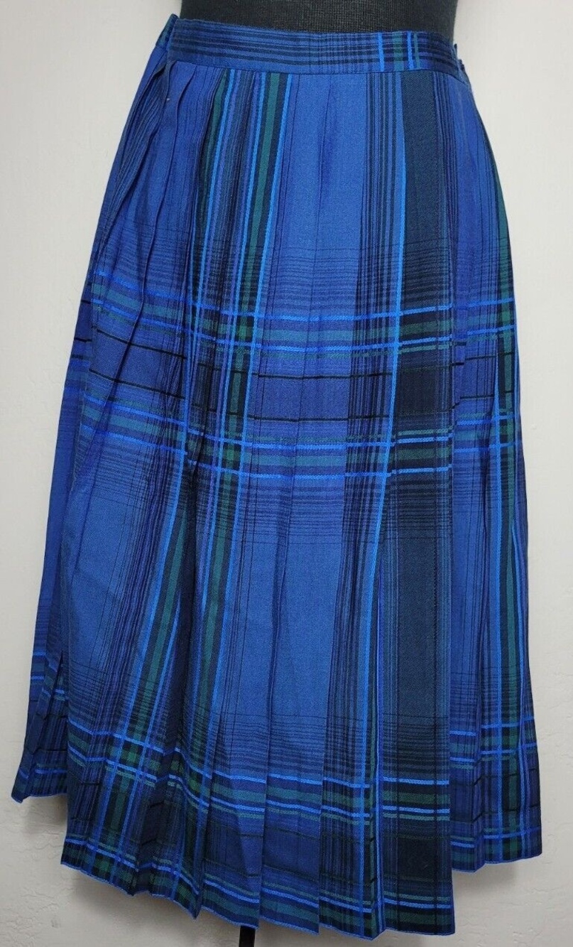 Vintage Evan Picone Plaid Striped Blue Wool Skirt Size 34
